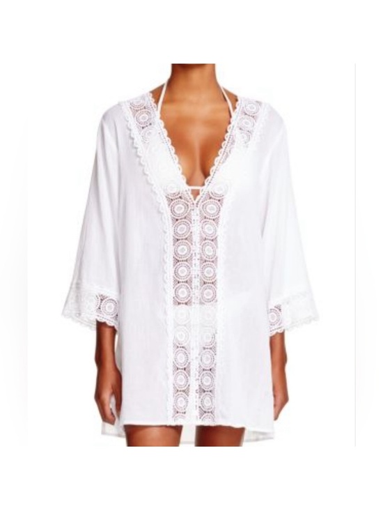 La Blanca Other - La Blanca White Crochet-Trim Cotton V-Neck Swim Coverup, Size M